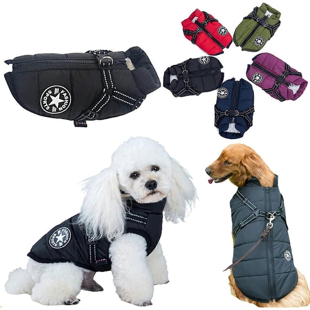 Waterproof Winter Coat with Dog Harness Jacket Warm Costume Clothes Puppy Pets Reflective Vest Windproof for Small Medium Large Dogs Cat (L, Black)