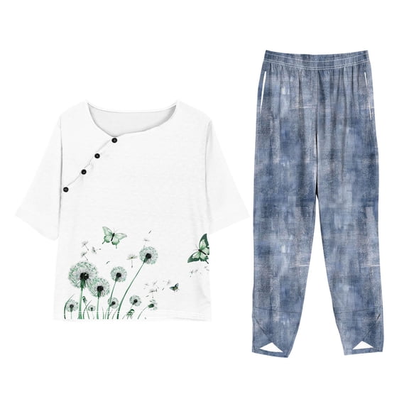 Women 2 Piece Outfits Sets Summer Fashion Print Casual Loose Fitting Crew Neck Short Sleeve Top Pants Two Piece Set