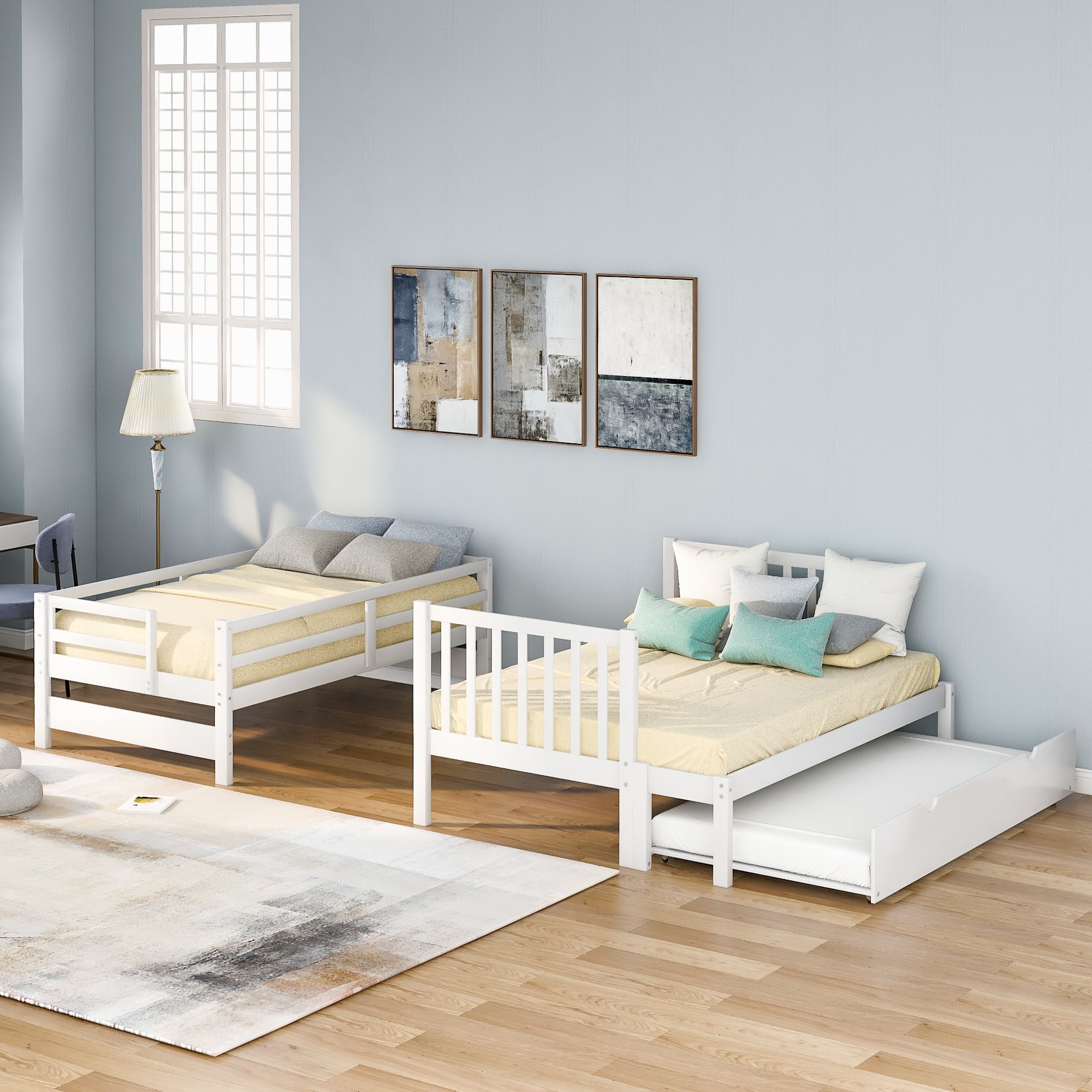 Aukfa Twin Over Full Bunk Bed with Trundle Bed, Wood Storage Stairway Bunk Bed with Drawer and Cabinet for Kids Bedroom - White