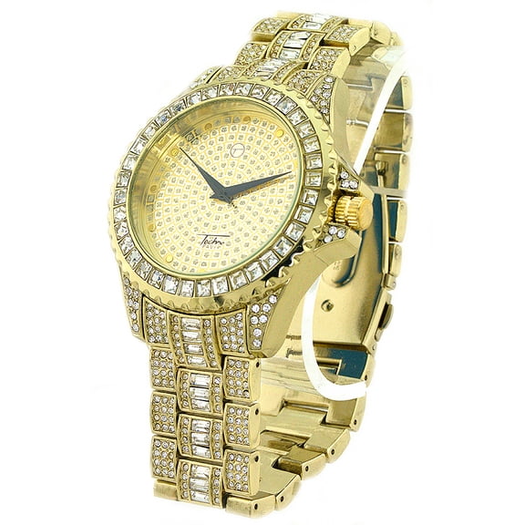 Men’s Gold Tone CZ Iced-Out Clubbing Watch – 46.5mm Case, Gold Bling Dial, CZ Bracelet