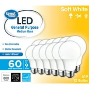 Great Value LED Light Bulb, 9W (60W Equivalent) A19 General Purpose Lamp E26 Medium Base, Non-dimmable, Soft White, 12-Pack
