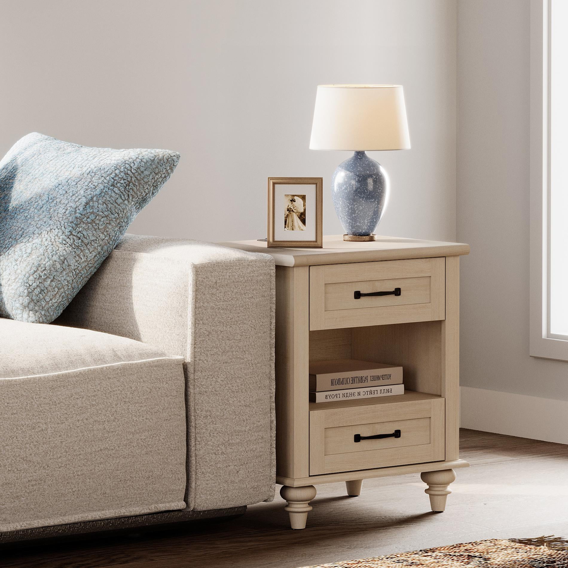 Beige Side Table with 2 Drawers, Small End Table with Charging Station, Wooden Nightstand for Bedroom, Living Room
