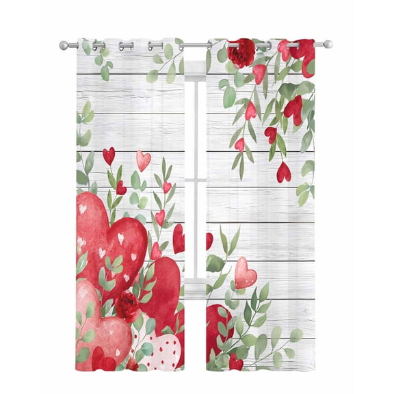 Valentines Love Heart Sheer Curtains 63 Inch Length 2 Panels Set for Living Room/Bedroom, Red Eucalyptus Botanical Vintage Kitchen Curtains Grommet Semi-Sheer Curtains Window Treatments 42"x63"x2