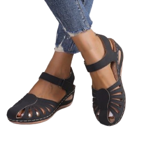 HTHLVMD Closed-Toe Cutout Wedge Sandals, Women's Hollow Out Summer Shoes, Women's Wedge Heels Ankle Strap Low Summer Sandals Closed Toe Hollow Out Orthopedic Bohemia Fishmouth Wedges Sandal, Black 5
