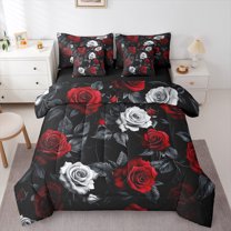 Homewish Chic Floral Rose 7 Pieces Bedding Comforter Set For Girls Boys,Black Red White Full Bedding Set Lightweight,Romantic Flowers Fitted Sheet Flat Sheet,Super Cozy Room Decor,Reversible