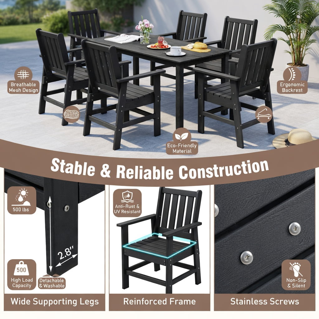 Hommoo 2-Pack HDPE Outdoor Dining Chairs with Wide Armrests, Rustic Wood-Look Patio Seating, All-Weather Durable, Black