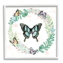 Butterflies in Spring Botanical Wreathe Soft Green Animals & Insects Framed Art Print Wall Art, 17x17
