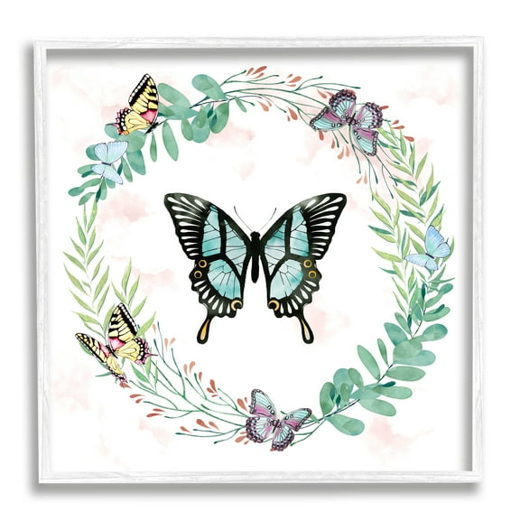 Butterflies in Spring Botanical Wreathe Soft Green Animals & Insects Framed Art Print Wall Art, 17x17