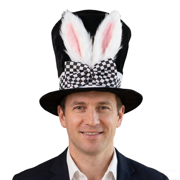 Black Bunny Ears Top Hat Cute Easter Rabbit Hat with Checkered Bow for Adults Party Dress Accessories Props
