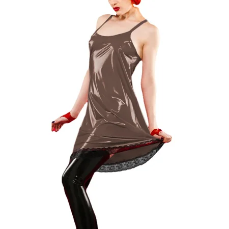Night Party Sexy PVC Leather Spaghetti Strap A-line Dress Women Lingerie Female Sleeveless Sling Pajamas