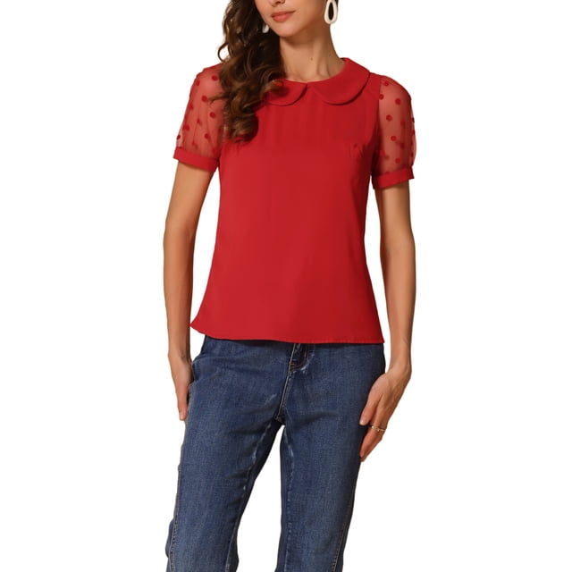 INSPIRE CHIC Chemisier Femme Col Peter Pan Manches Courtes Bouffantes Vintage à Pois TG Rouge
