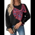 thumbnail image 1 of Suéter Informal de Larga con Cuello Redondo para Mujer, con Costuras A Cuadros y Lazo, Además de Sudadera Gruesa de Terciopelo, Color Negro. Negro L, 1 of 9