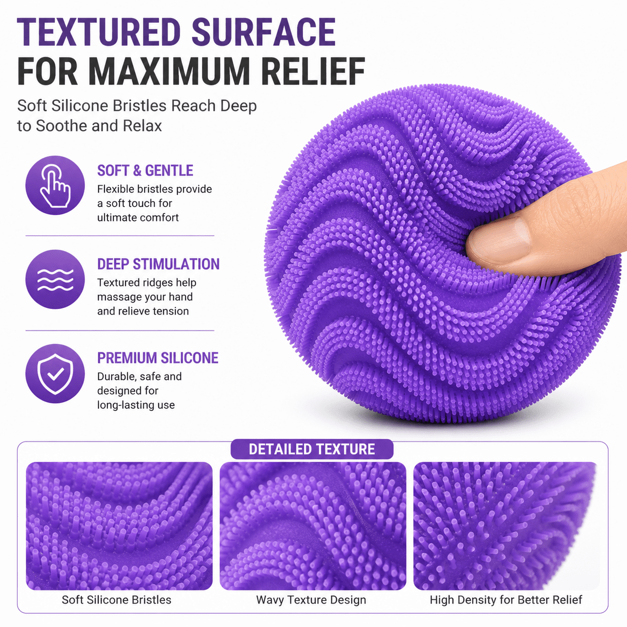 Silicone Stress Ball, Textured Squishy Squeeze Ball for Desk, Office, Home and Everyday Focus