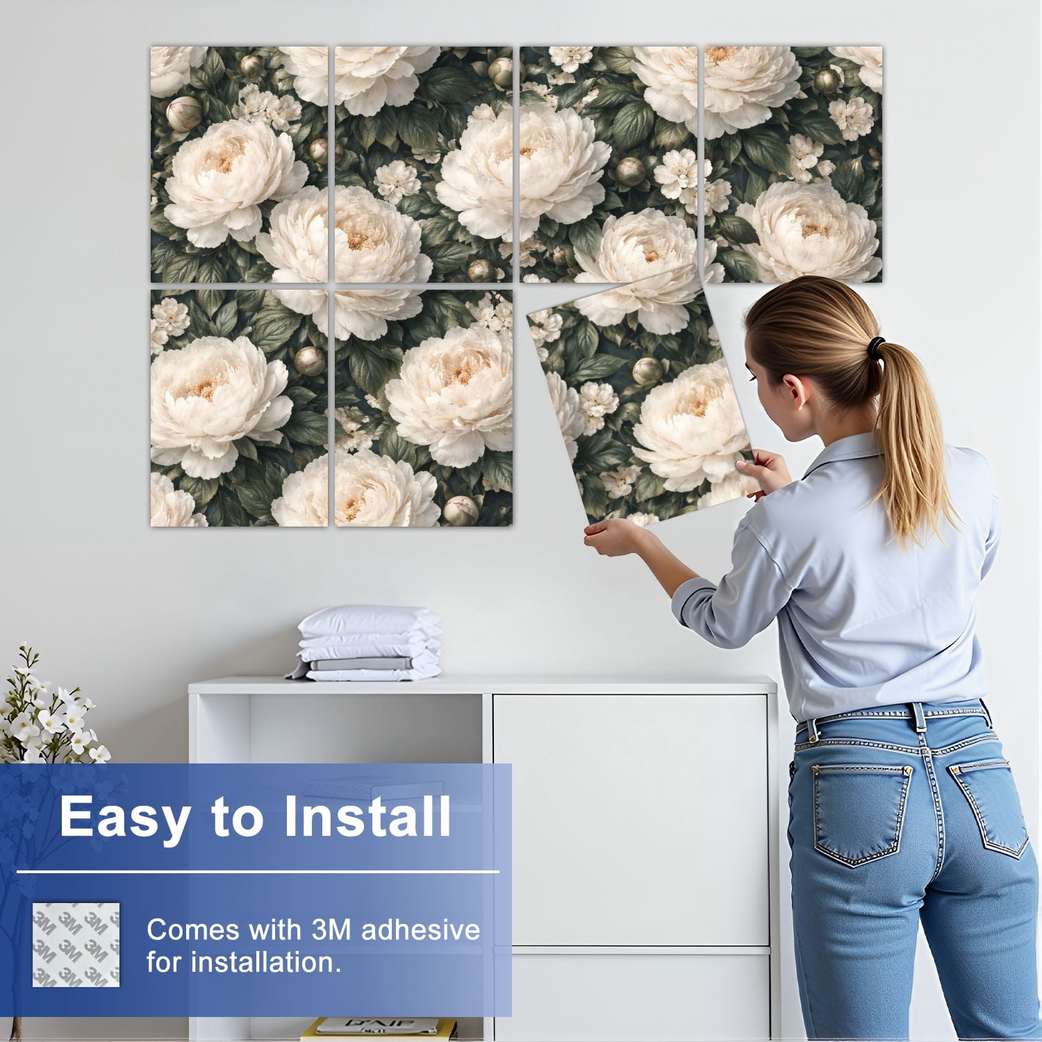 8 Pack Art Acoustic Panels Elegant Dark Floral White Black Peonies Leafy Self Adhesive Absorbing Dampening Panels Self Adhesive for Nursery Game Room Bedroom 48"x32"