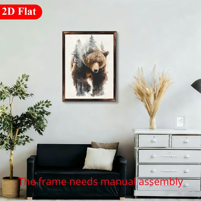 12x16 Inch Framed Wood Wall Art, Double Exposure Grizzly Bear in Forest Scene Rectangular Wooden Decorative Painting for Living Room and Bedroom 1pc