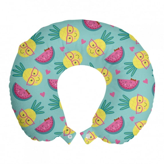Summer Travel Pillow Neck Rest, Nerd Pineapple Faces Along Smart Girly Smiling Watermelons Exotic Friend, Memory Foam Traveling Accessory Airplane and Car, 12", Pink Mustard Turquoise, by Ambesonne