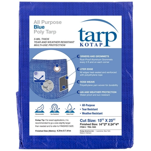 Kotap 15 x 25 Ft. All-Purpose Multi-Use Protection/Coverage 5-mil Poly Tarp, Waterproof, Blue, 1-Pack (TRA-1525)