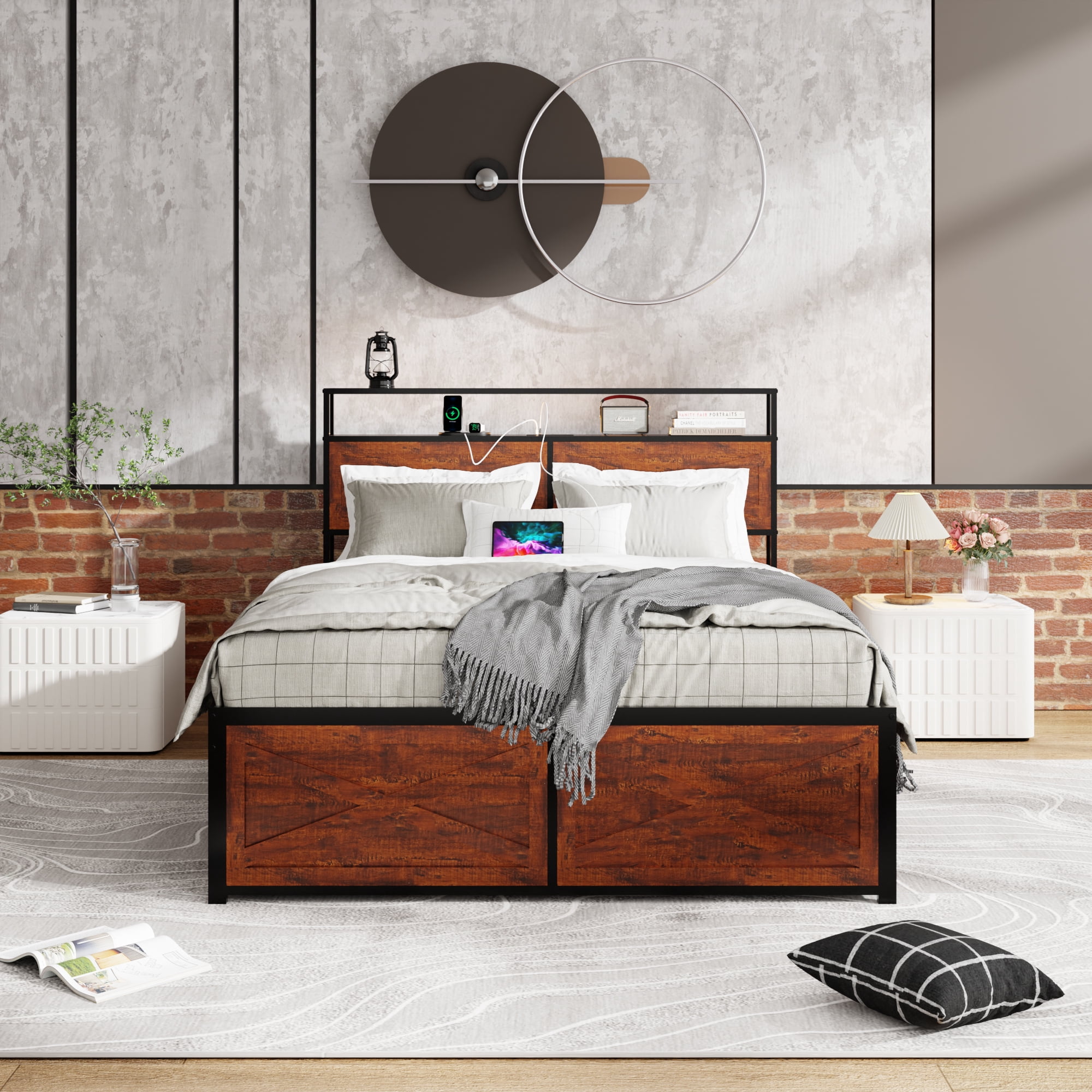 BSHTI Queen Bed Frame with 12 Storage Drawers, Wood & Metal LED Platform Bed Frame with Storage Headboard & Drawers, Charging Station, No Box Spring Needed, Farmhouse Style for Bedroom, Rustic Brown