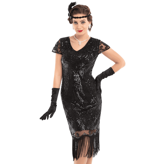 PrettyGuide Women's Great Gatsby Dress 1920s Vintage Beaded Fringe Flapper Dress with Sleeve Cocktail Party, Small