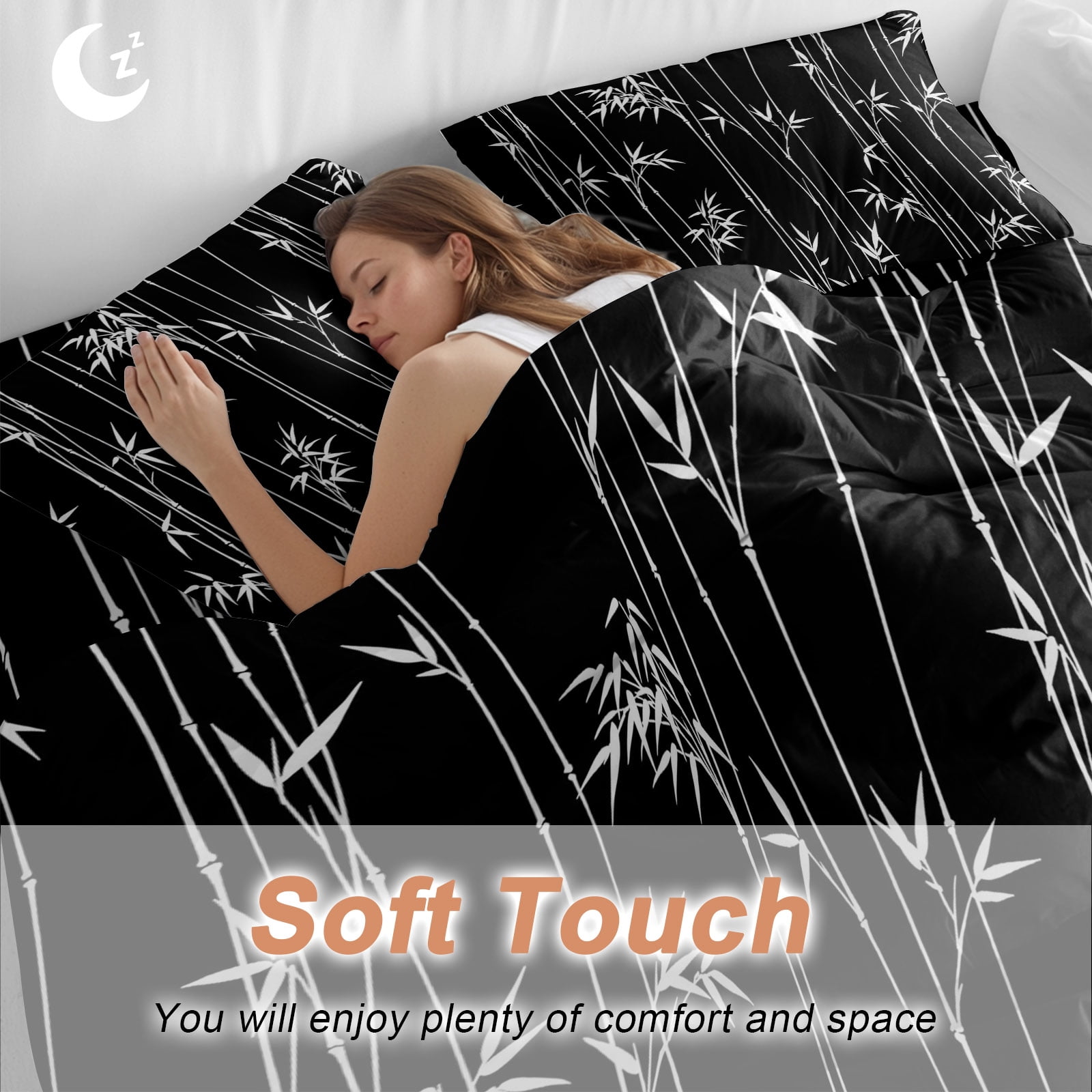 Black Bamboos Comforter Set Queen Size, Minimalist White Bamboos Stems Leaf Soft Bedding Set for Man Woman, 4 Pieces Duvet Cover Set with Fitted Sheet, 2 Pillowcases