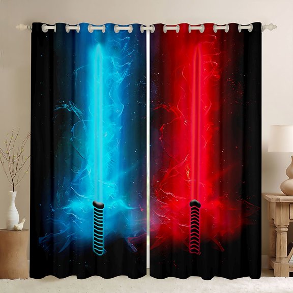 Manfei Modern Cool Lightsaber Blackout Curtains Set of 2 (52x84 Each),Cartoon Light Sword Window Curtains,Neon Red Blue Curtains and Drapes For Boys Kids,Breathable Home Decor