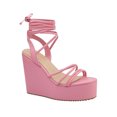 thumbnail image 1 of Sandalias casuales de cuña con tacón corrido alto unicolor con lazo al tobillo para mujer, 1 of 5