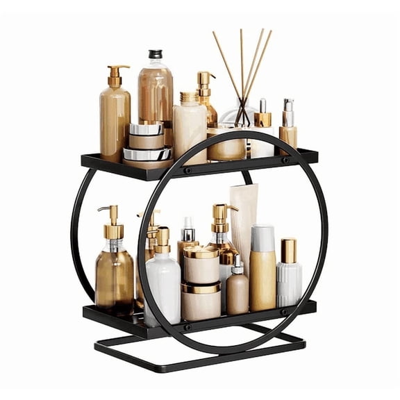 Jademall 2-Tier Round Metal Makeup Organizer, Vanity Countertop Storage Rack for Cosmetics and Perfume, Black