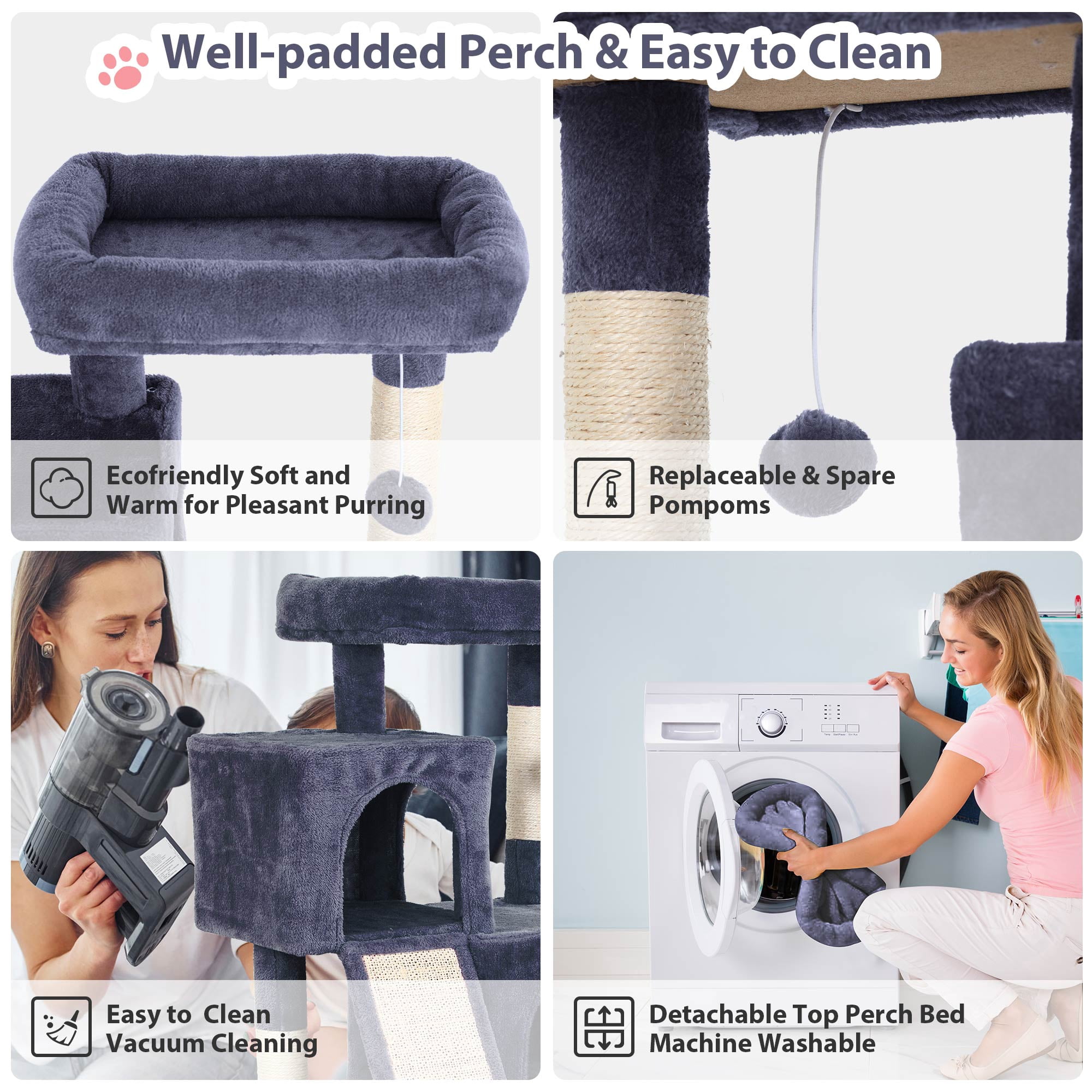 CL.HPAHKL 36 In Short Sturdy Cat Tree House, Modern Cat Tower Scratching Post with Soft Plush Perch Kittens Condo with Board and Hanging Ball Cat Cave Beds for Indoor Cats, Dark Grey