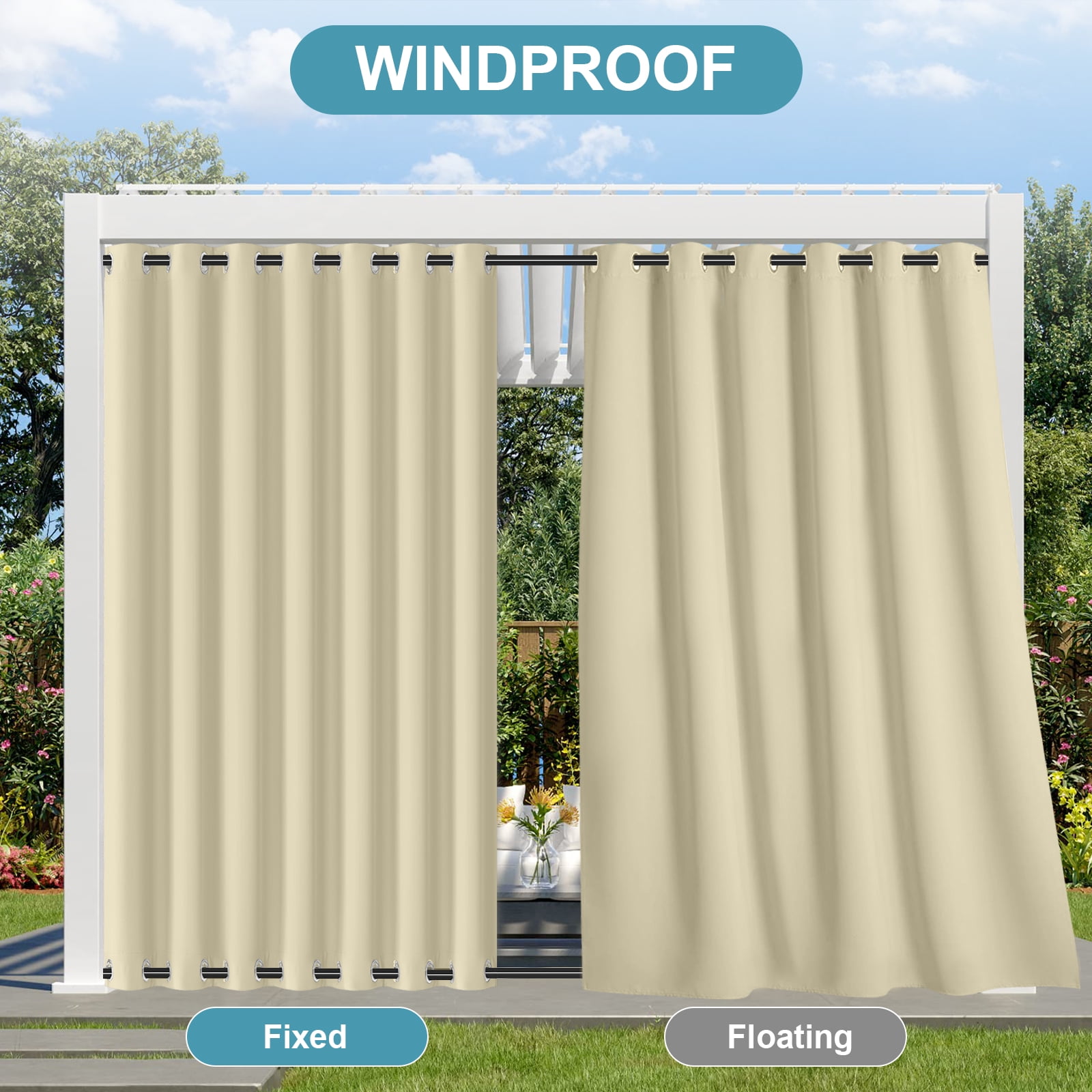 DONGPAI 100" Wide Outdoor Curtains for Patio Waterproof Blackout Privacy UV Resistant with Top and Bottom Grommet for Porch, Gazebo, Pergola, 100"x 108", Beige, 1 Panel