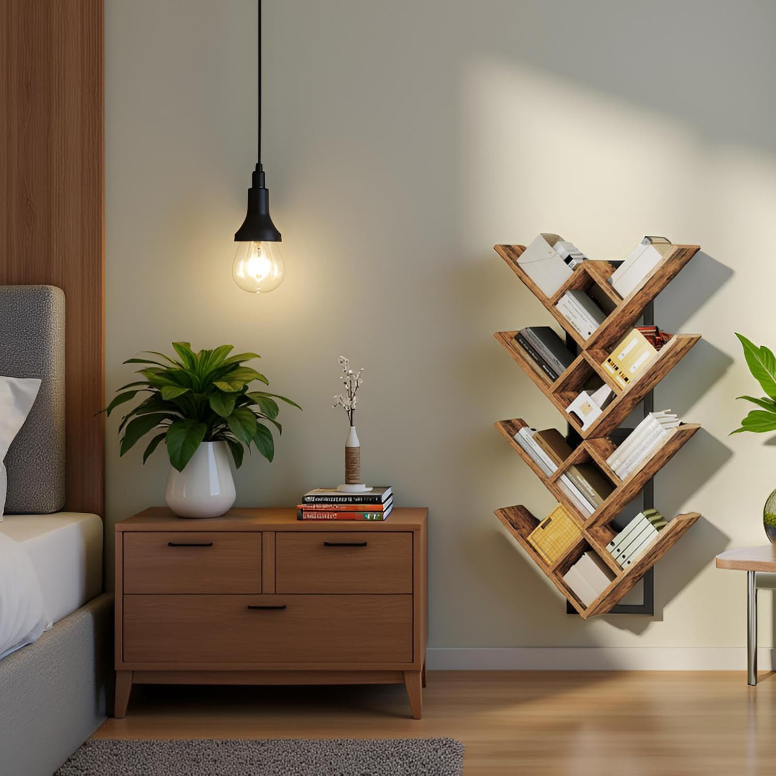 Floating Shelves For Wall  Set Of 2 Mounted 2-tier Wooden Tree Bookshelf Hanging Storage Rack Living Room Kitchen Office Rustic Brown And Black Bf54bjp201