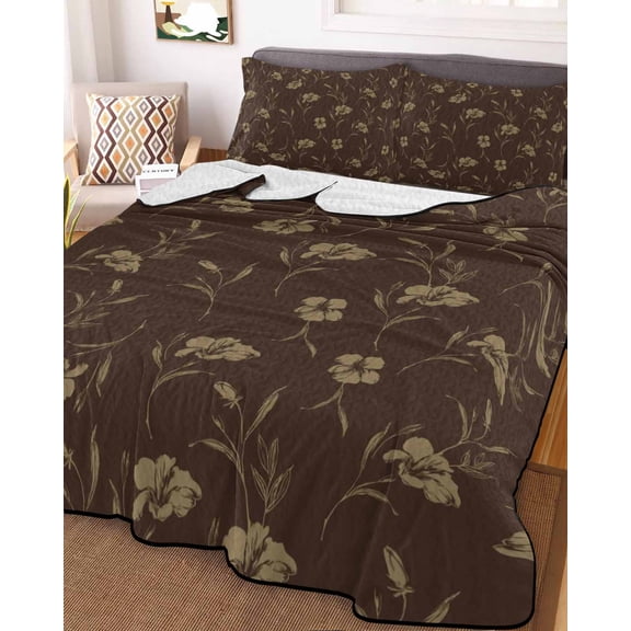 Brown Floral Queen Size Down Alternative Comforter, Lightweight Comforter Quilt Bedding Set with Pillow Shams Vintage Spring Botanical Flowers All Seasons Bed Comforter Duvet Insert 90"x96"