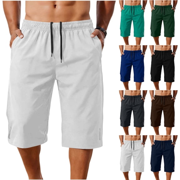 Havenre Mens Gym Capri Shorts Drawstring Elastic Waist Baggy Long Athletic Shorts Lightweight Below Knee Exercise Sweatshorts with Pockets Blue M