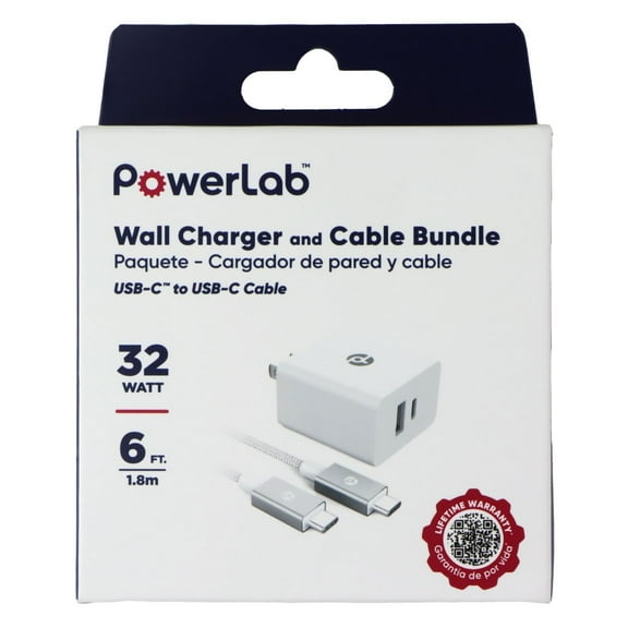 PowerLab 32W Wall Charger and 6-Ft USB-C to USB-C Cable - White/Silver