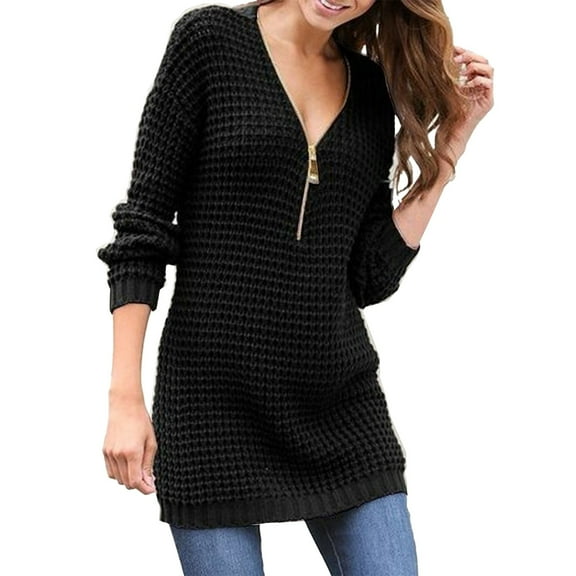 Duoif Sweaters for Women Trendy Women's Sweater V Neck Zipper Solid Color Long Sleeved Sweater Women's Sweaters Womens Tops Black L