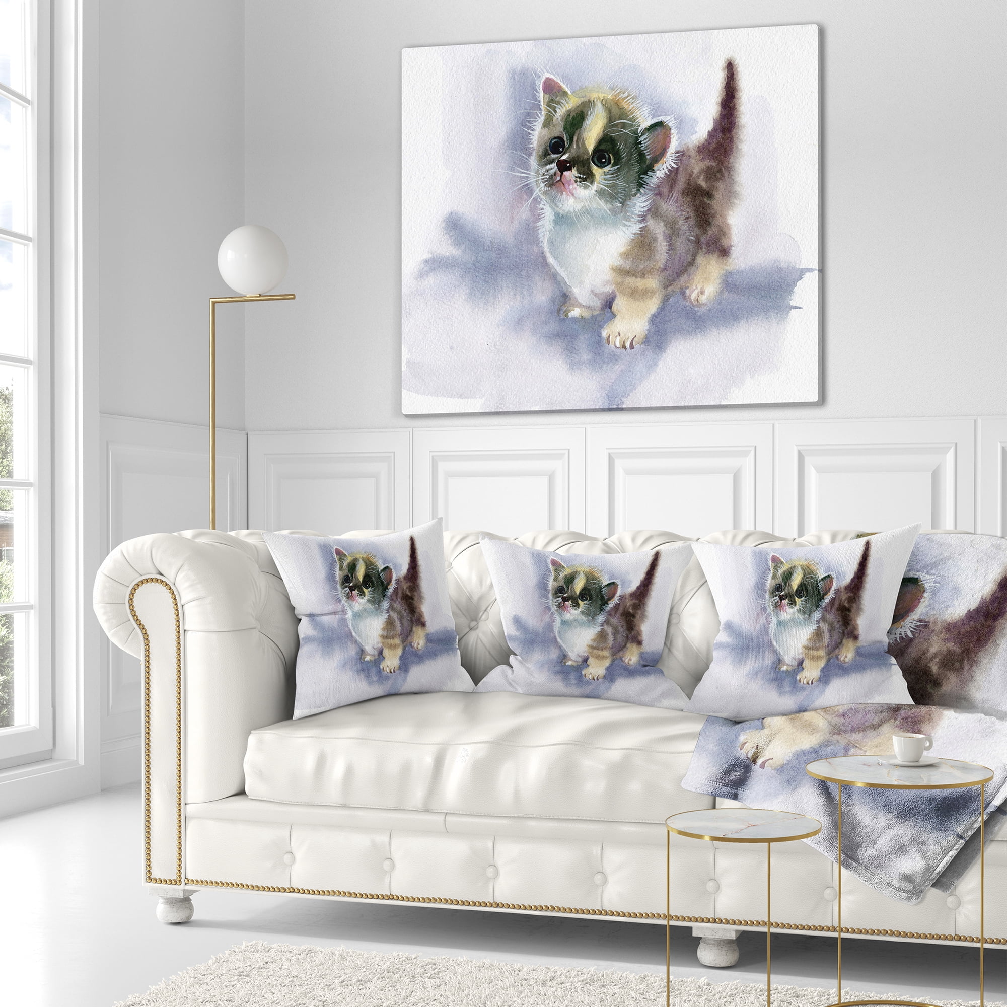Designart Cute Kitten on Blue Watercolor - Animal Throw Pillow - 18x18