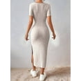 thumbnail image 5 of Women 2025 Summer Ribbed Short Sleeve Bodycon Maxi Dress Side Slit Knit Square Neck Long Sundress Khaki S, 5 of 6