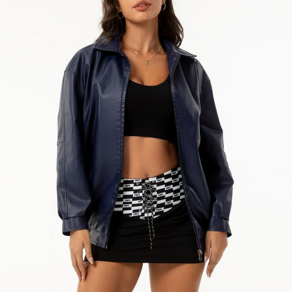 Lolmot Long Sleeve Hoodless Faux Leather Outwear and Jackets, Fashion Womens Solid Color Long Sleeved Turndown Collar Zipper HoodedLess Pocket Leather Jacket
