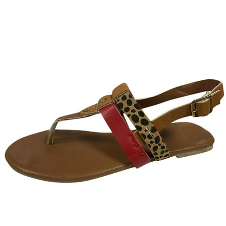 

Ladies Fashion Leopard Print Colorblock Leather Clip Toe Buckle Flat Beach Sandals