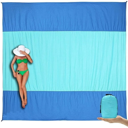 9ft x 10ft Large Lightweight & Durable Beach Mat Blanket with Carrying Pouch Bag, Stakes & Carabiner, Blue