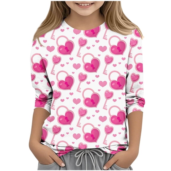 IVEYRTF Childrens Heart Print 3/4 Sleeve Round Neck Top Casual Everyday Shirt for Kids Boys Girls Valentine Themed Graphic Tee Comfortable Soft Breathable Daily Wear Birthday(Pink#1,5-6 Years)