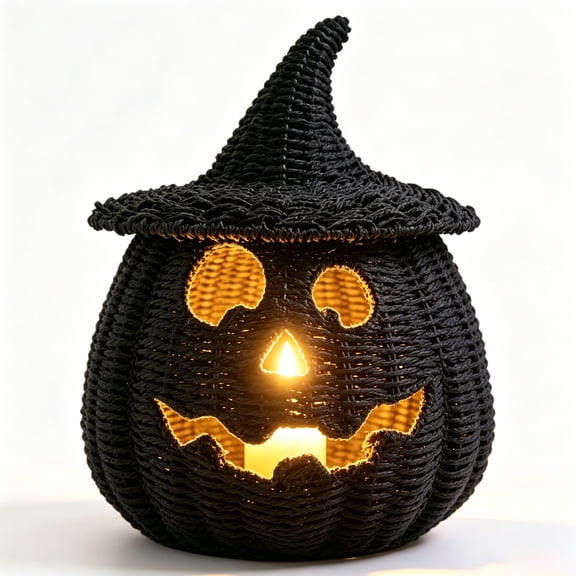 QLUEWX Hand Woven Black Witch Hat Pumpkin Lantern, 11in Light Up Wicker Pumpkin Storage Basket, Dual Use Candy Holder for Halloween Mantel Table Entryway Indoor Fall Holiday Decoration