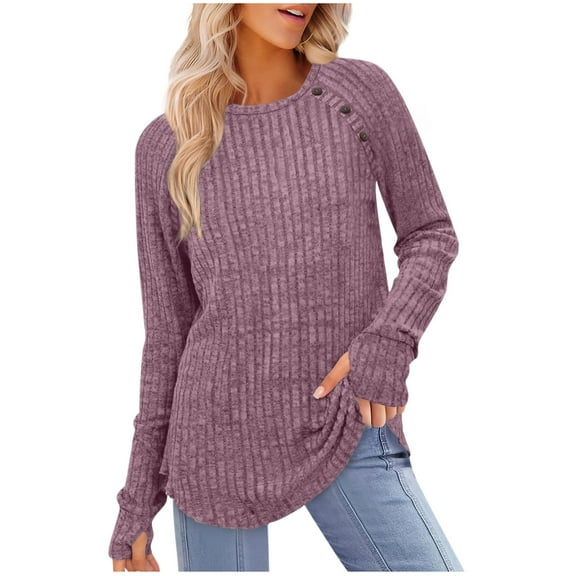 biudgviw Womens Long Sleeve Shirts for Fall Winter Button Crew Neck Ribbed Knit Tops Lightweight Casual Comfy Sweater with Thumb Hole