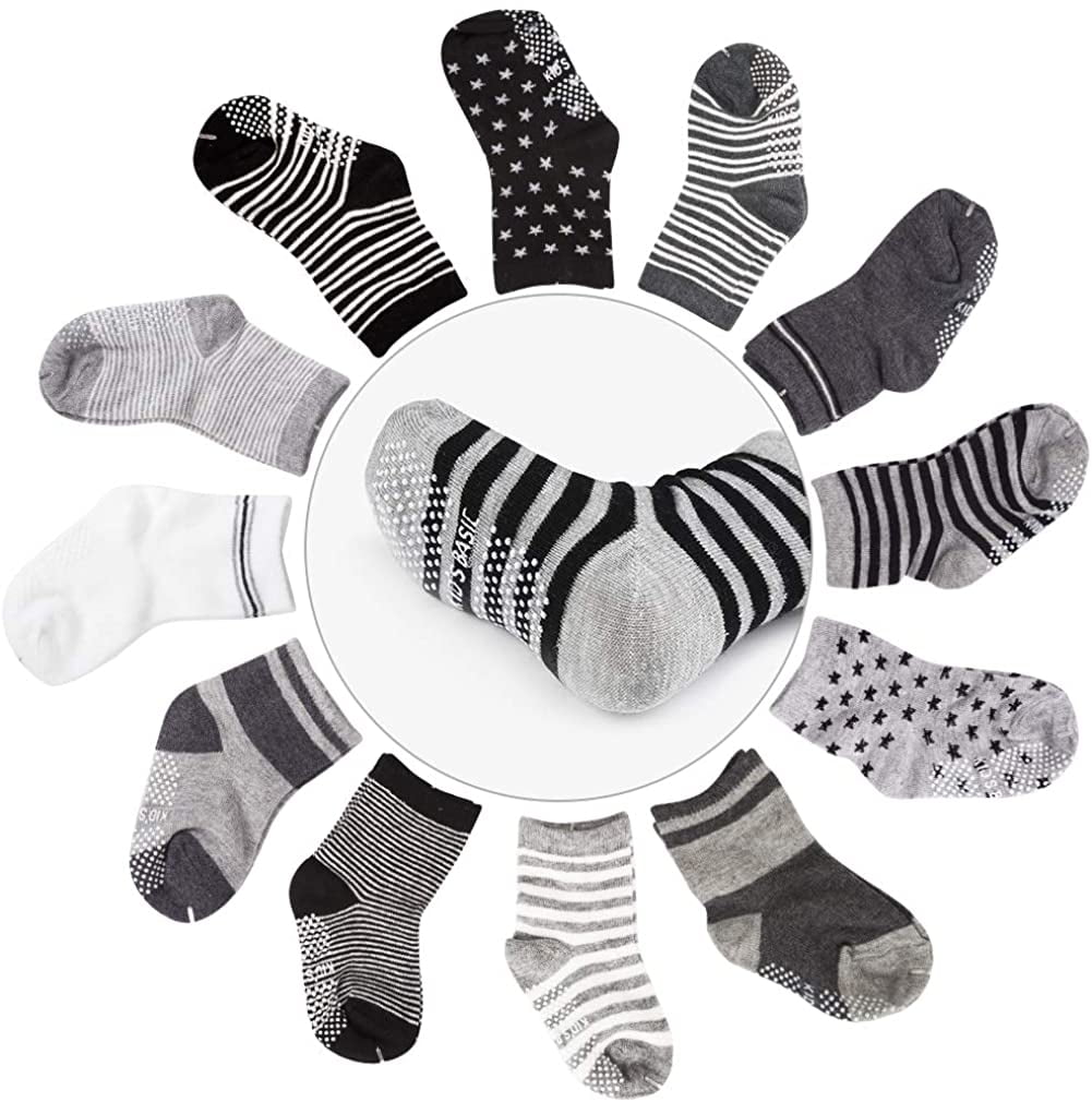 Maxcozy 12-Pack Baby Boys Toddler Non Skid Cotton Socks with Grip Fit for 8-36 Months