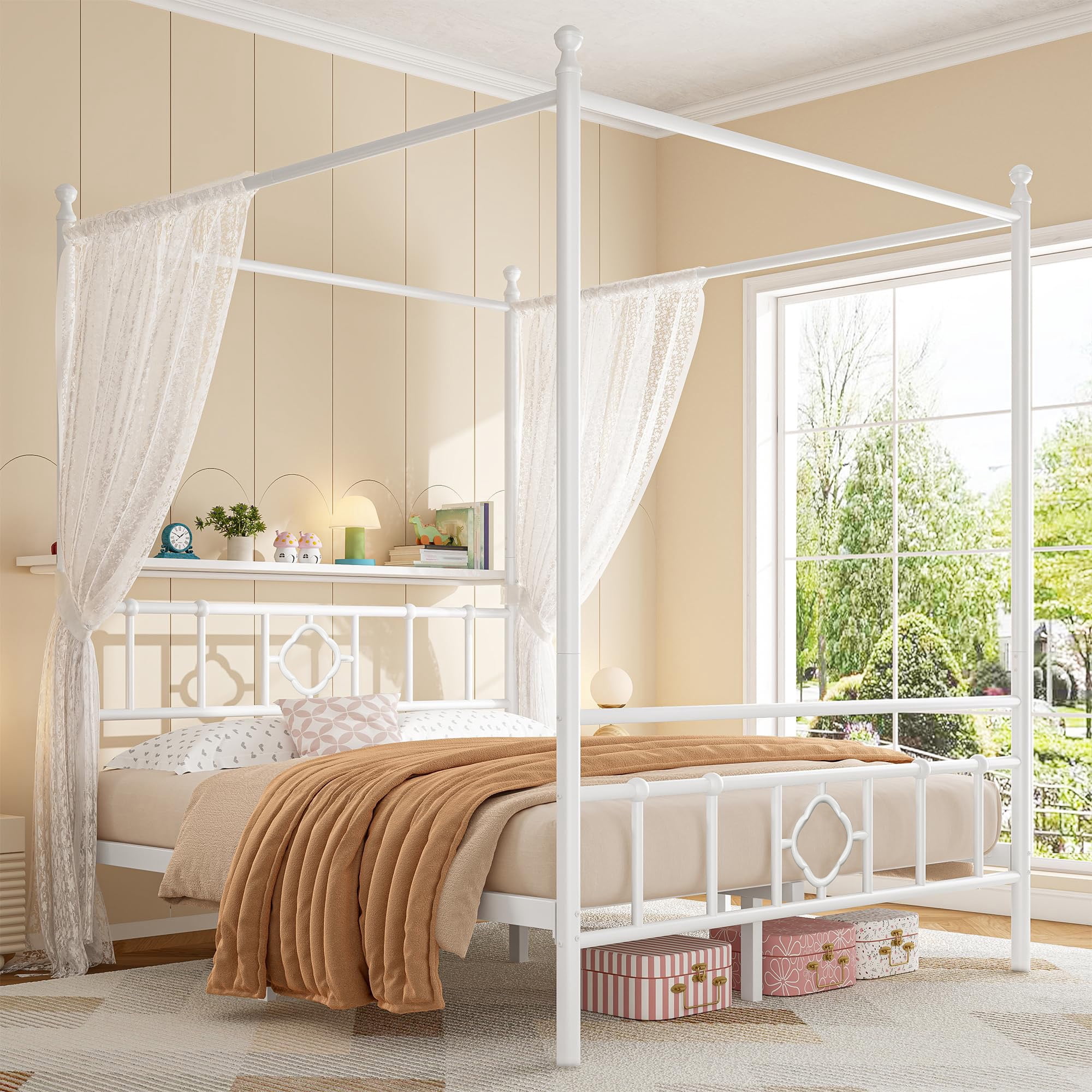 EnHomee Queen Size Canopy Bed Frame with Headboard Canopy Metal Bed Frame with 4 Removable Posts Platform Metal Canopy Bed, Curtain Not Included, White