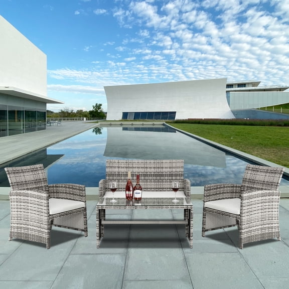 Outdoor Patio Wicker Bistro Furniture Sets, 4 Pieces Outdoor Wicker Patio Armchair Sofa Set with Seat Cushions & Tempered Glass Coffee, Conversation Sets for Porch Poolside Backyard Garden, S6073