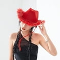thumbnail image 1 of Sombrero para mujeres y hombres con adornos de piel esponjosa, sombrero de vaquera de fieltro para adultos, sombrero de plumas extragrande, accesorios para fiestas occidentales, 1 of 5