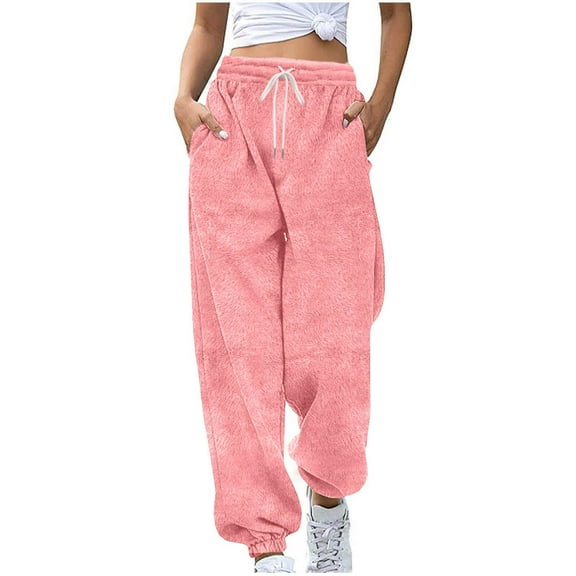 Wide Leg Sweatpants for Women Elastic High Waisted Casual Solid Color Fleece Drawstring Elastic Waist Cuffed Ankles Side Pockets Straight Leg Pants Pink S