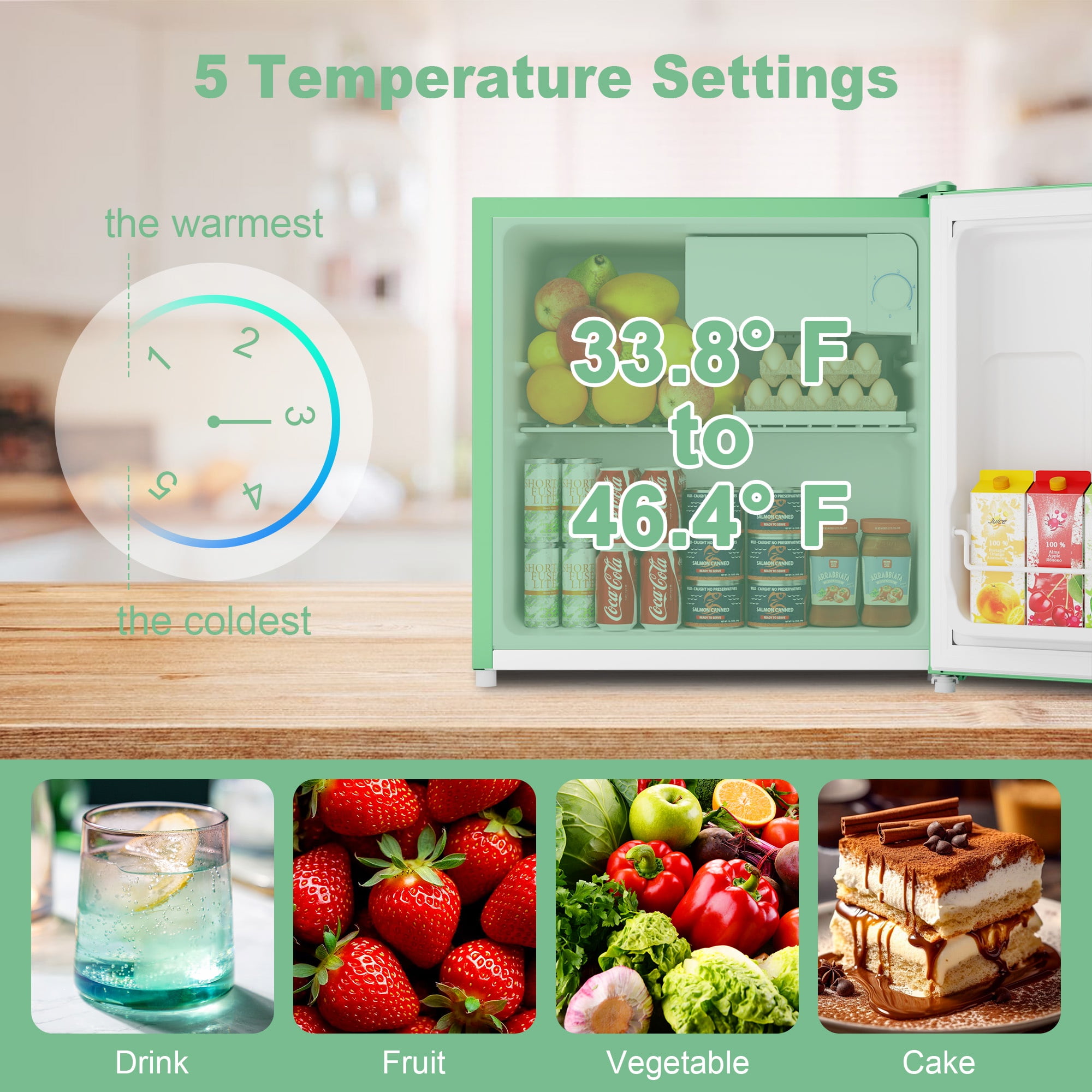 BANGSON 1.6 Cu.Ft Compact Refrigerator with Freezer, Energy Saving & Low Noise Mini Fridge for Office, Dorm, Bedroom - Adjustable Temp, Reversible Door, ,Green
