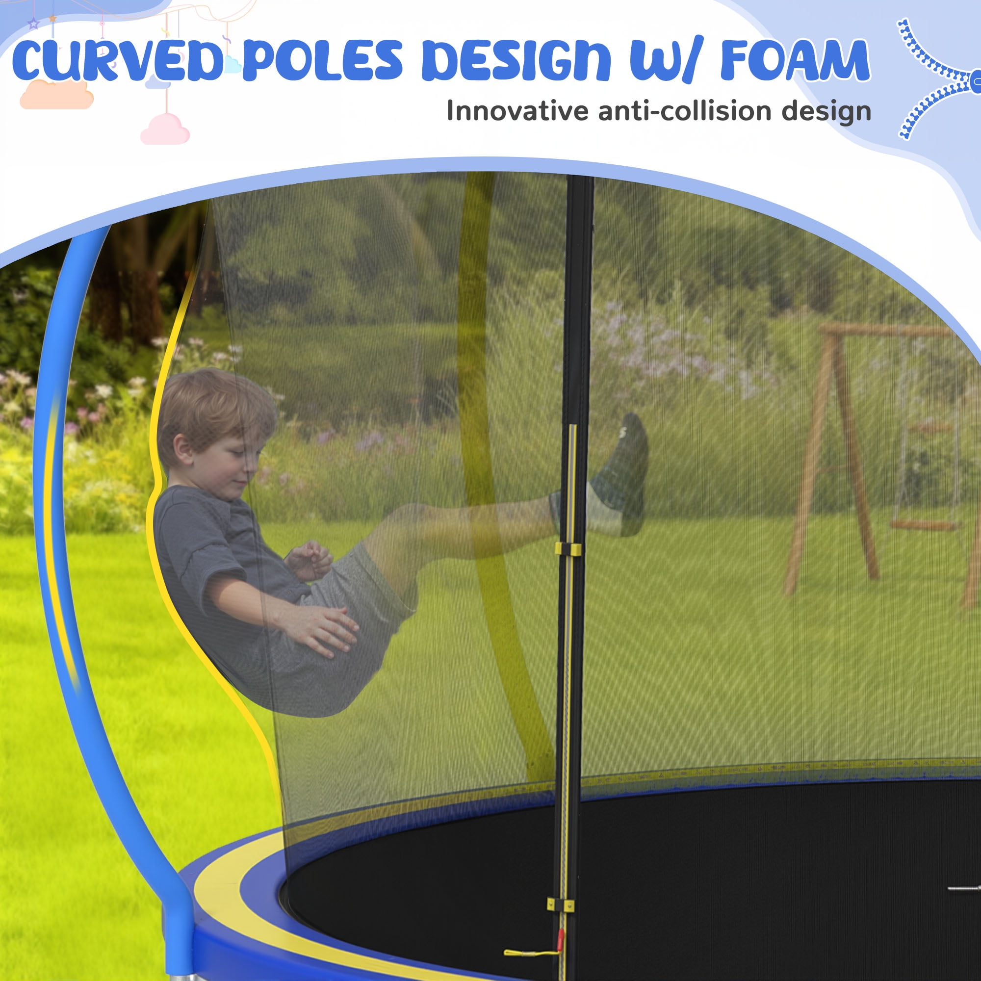 12FT Trampoline for Kids - Seizeen Round Trampoline W/ Enclosure Net & Hoop, Outdoor Colorful Trampoline with Waterproof Cover & Ladder