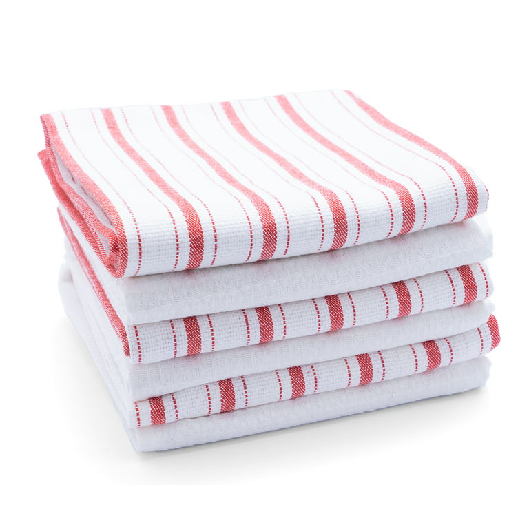 All Cotton and Linen Kitchen Towels, Cotton Dish Towels, Farmhouse Tea Towels, Absorbent Striped Hand Towels Set of 6 18 inchx28 inch (Red/White)